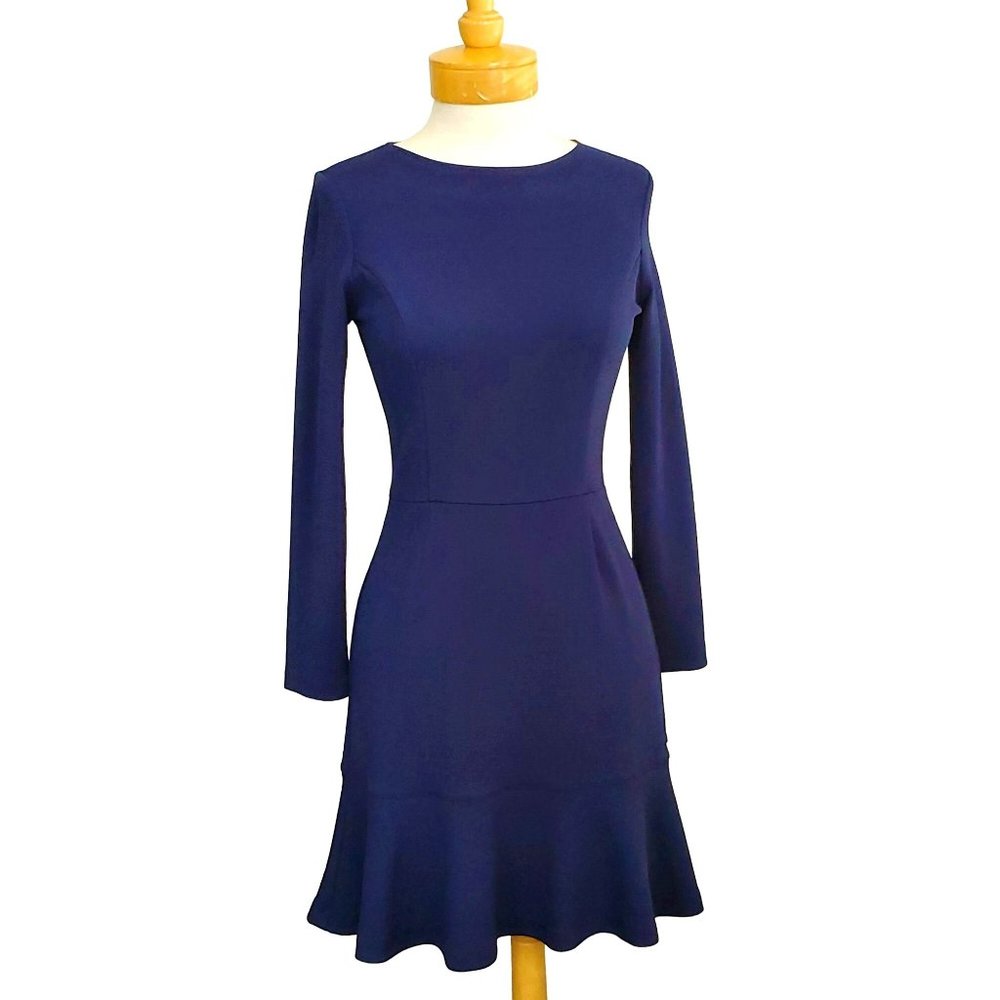 Bar III Fit & Flare Long Sleeve Navy Blue Dress Ruffle Hemline Pullover Sz M